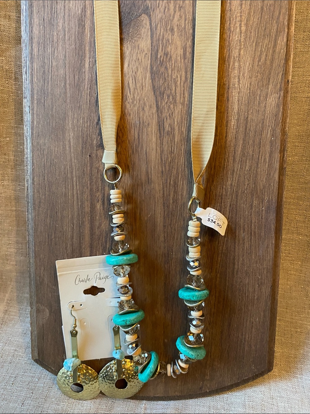 Turquoise and Cream Beaded Ribbon Necklace & gold-tone dangle earrings